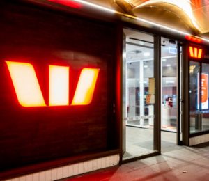 Night view of the entrance to the Westpac Bank branch